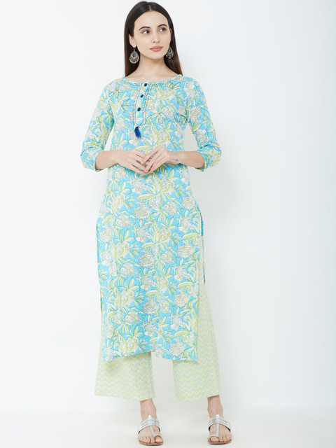 

FASHOR Women Sea Green Floral Printed Pure Cotton Kurta with Palazzos & With Dupatta