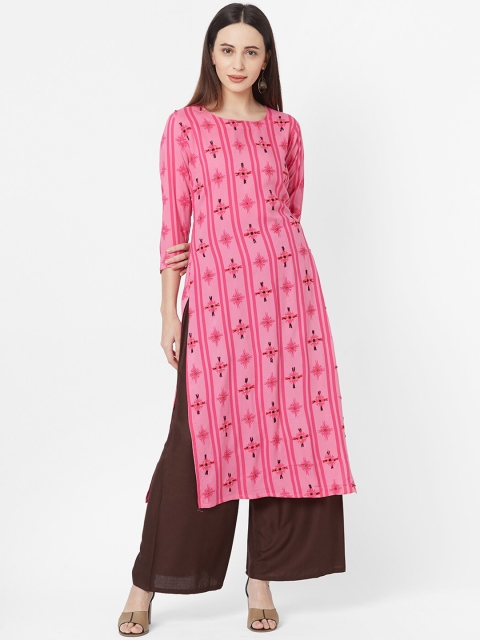 

FASHOR Women Pink Floral Printed Thread Work Kurta