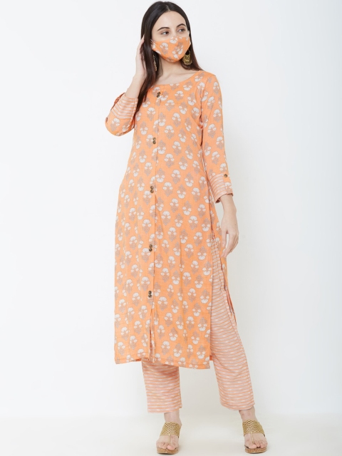 

FASHOR Women Orange Ethnic Motifs Printed Pure Cotton Kurta with Trousers