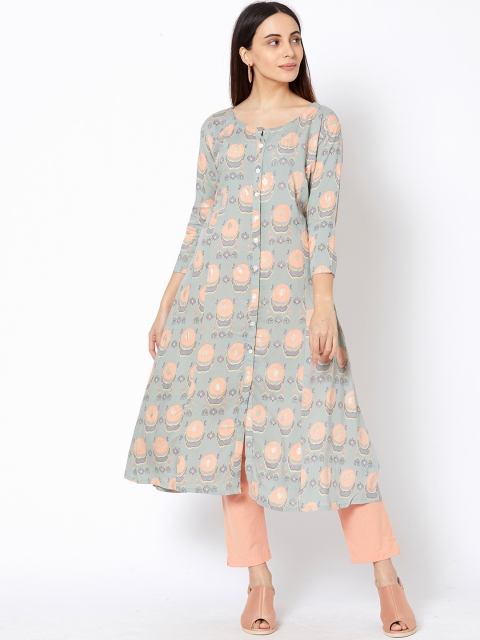 

FASHOR Women Grey & Peach-Coloured Kurta