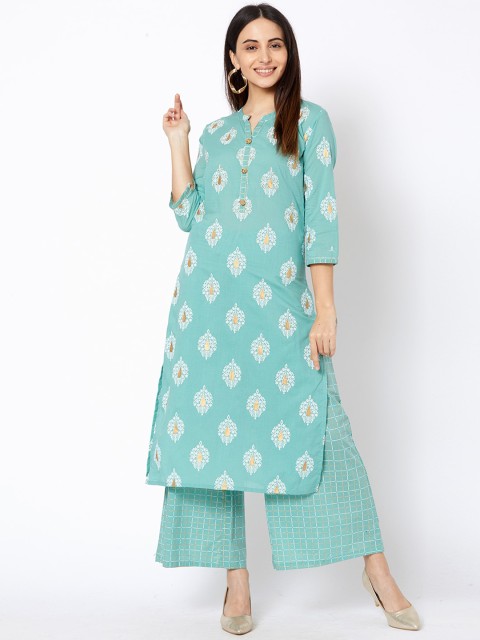 

FASHOR Women Blue & White Ethnic Motifs Printed Pure Cotton Kurta with Palazzos