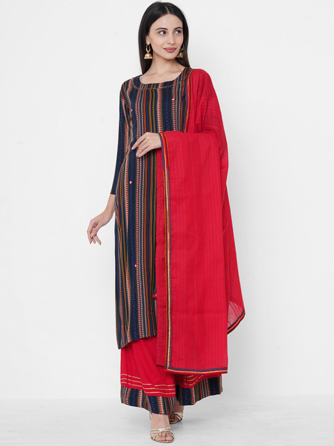 

FASHOR Women Navy Blue & Red Striped Mirror Work Kurta with Trousers & With Dupatta