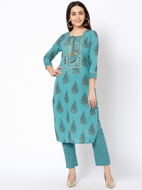 

FASHOR Women Blue Ethnic Motifs Printed Pure Cotton Kurta with Trousers