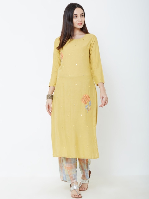 

FASHOR Women Mustard Yellow Floral Embroidered Mirror Work Pure Cotton Kurta with Trousers