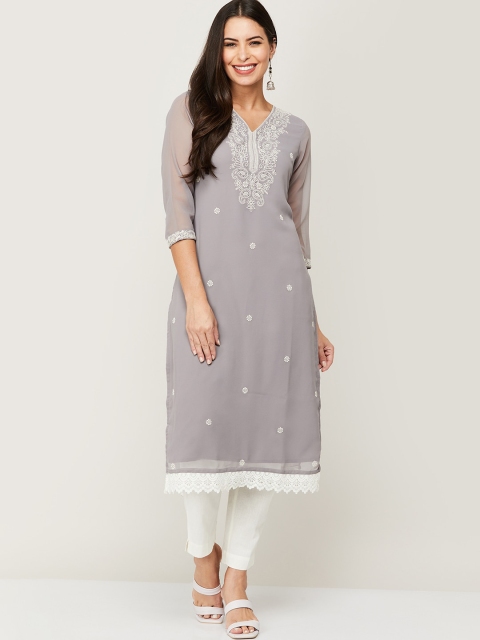 

Melange by Lifestyle Women Grey Ethnic Motifs Embroidered Thread Work Kurta