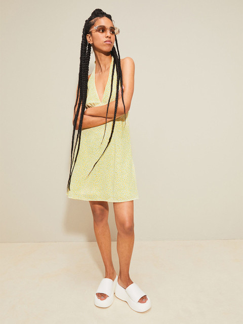 

H&M Women Yellow & Green Floral Printed Halterneck Dress