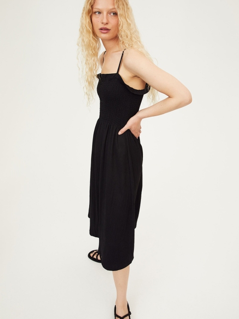 

H&M Women Black Solid Shoulder Straps Smocking-Detail Dress