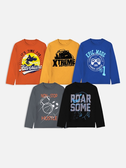 

Trampoline Boys Set Of 5 Orange & Blue Typography Printed T-shirt