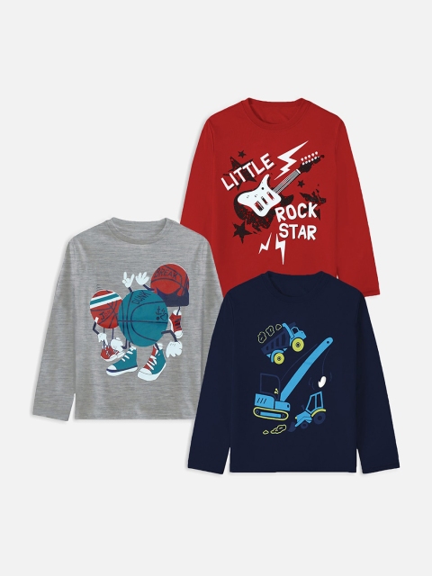 

Trampoline Boys Set Of 3 Red & Grey Printed Cotton T-shirt