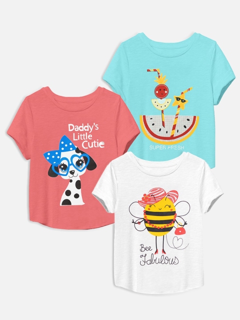 

Trampoline Girls Set Of 3 Peach-Coloured & Blue Printed T-shirt