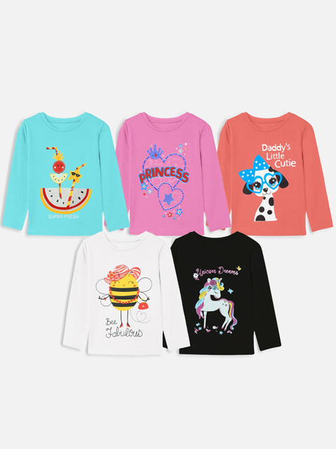 

Trampoline Pack of 5 Girls White & Turquoise Blue Printed Cotton T-shirt