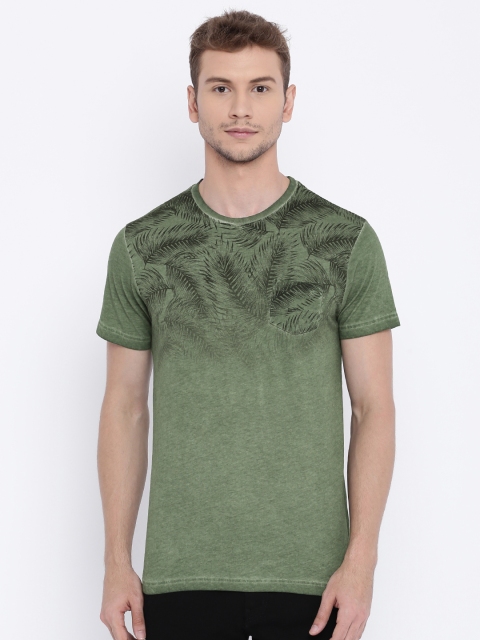 

Indian Terrain Men Olive Green Leaf Print Round Neck T-shirt