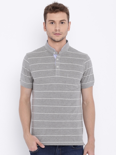 

Indian Terrain Men Grey Striped Mandarin Collar T-shirt