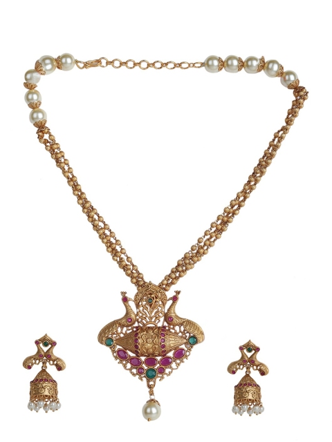 

Runjhun Gold-Plated White & Pink Kundan-Studded & Pearl Beaded Jewellery Set
