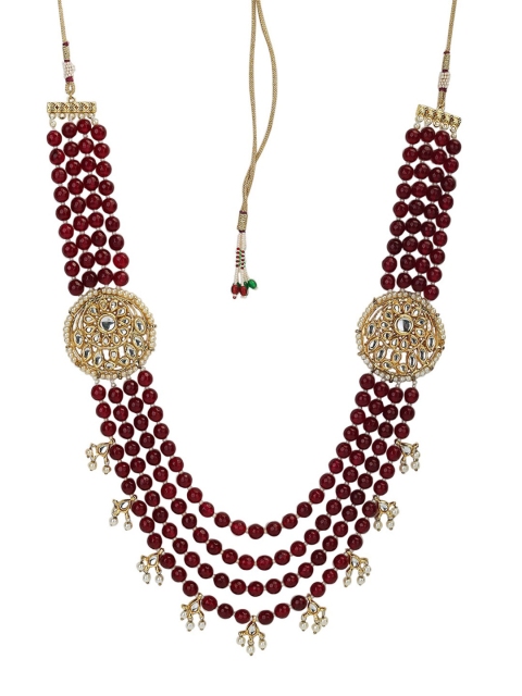 

Runjhun Gold-Plated White & Maroon Kundan-Studded & Pearl Beaded Jewellery Set