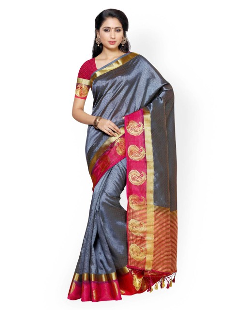 

Mimosa Grey & Red Kanjeevaram Tussar Art Silk Traditional Saree