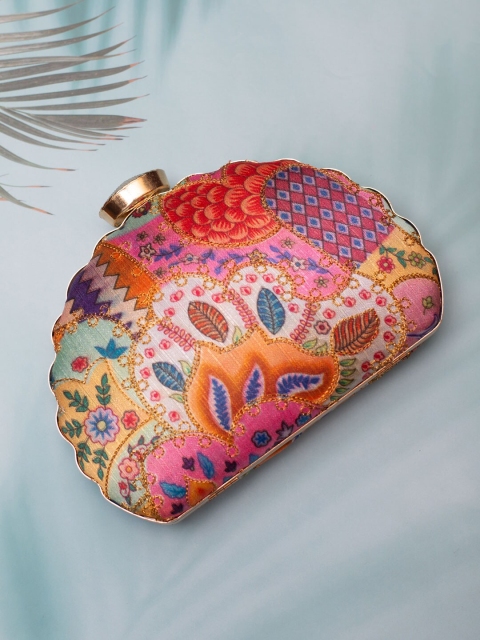 

ARTKLIM Gold-Toned & Pink Printed Embroidered Box Clutch