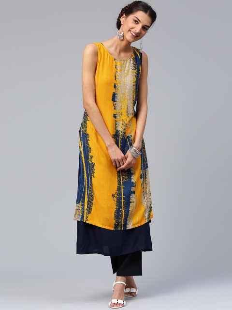 

Libas Women Yellow & Navy Printed Layered Straight Kurta