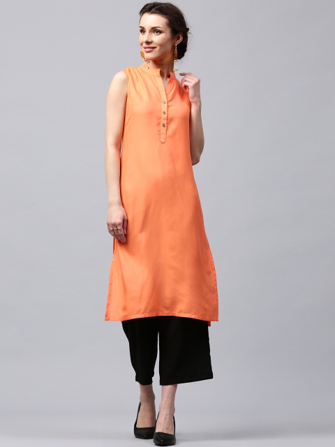 Libas Women Coral Orange Solid Straight Kurta available at myntra for Rs.299