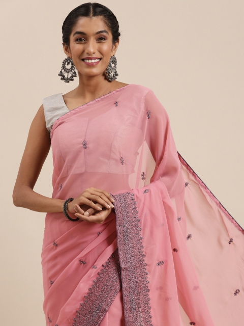 

Shaily Pink Ethnic Motifs Embroidered Pure Georgette Saree
