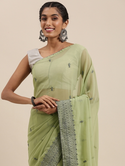 

Shaily Green Ethnic Motifs Embroidered Pure Georgette Saree