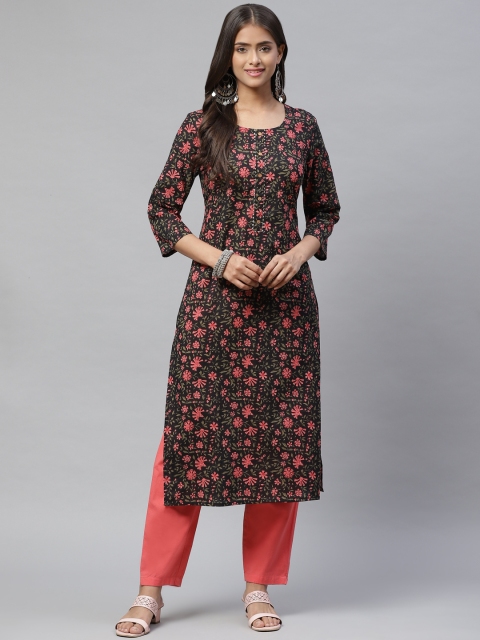 

PIROH Women Black & Pink Floral Printed Cotton Kurta