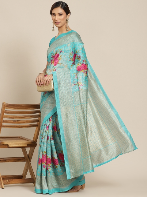 

Mitera Turquoise Blue & Pink Floral Poly Silk Saree