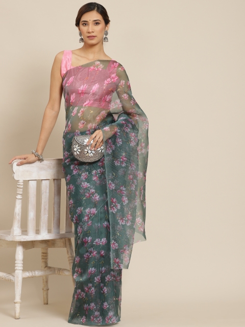 

Mitera Green & Pink Floral Organza Saree