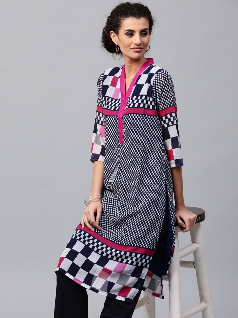 

Libas Women Navy Checked Straight Kurta, Navy blue