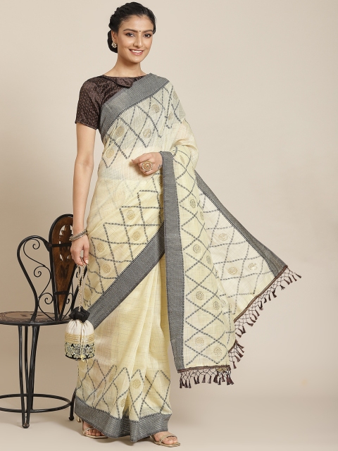 

Satrani Cream-Coloured & Grey Printed Saree