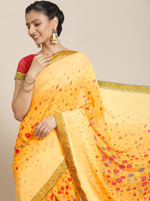 

Satrani Yellow & Red Floral Saree