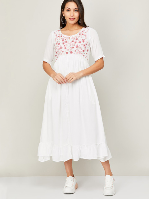 

Colour Me by Melange White Embroidered A-Line Midi Dress