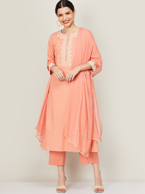 

Melange by Lifestyle Women Peach-Coloured Embroidered Pure Cotton Kurta Set