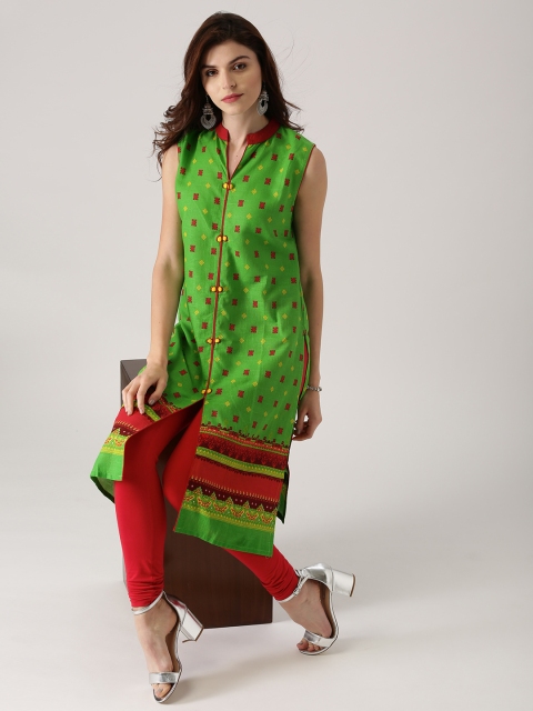 

Libas Women Green & Red Printed Straight Kurta