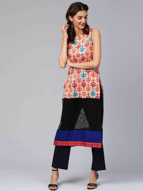 

Libas Women Off-White Printed Straight Kurta, Coffee brown