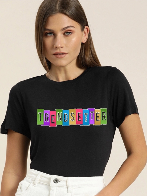 

Dipsha Women Black Typography Printed Bio Finish Applique T-shirt