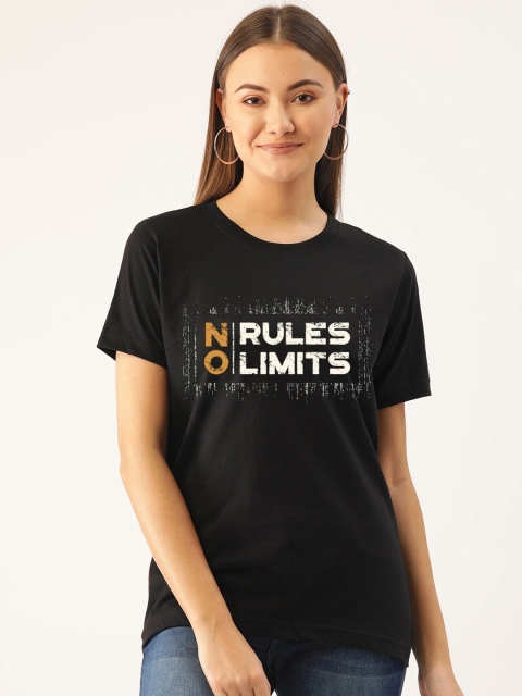 

Dipsha Women Black Typography Printed Bio Finish Applique T-shirt