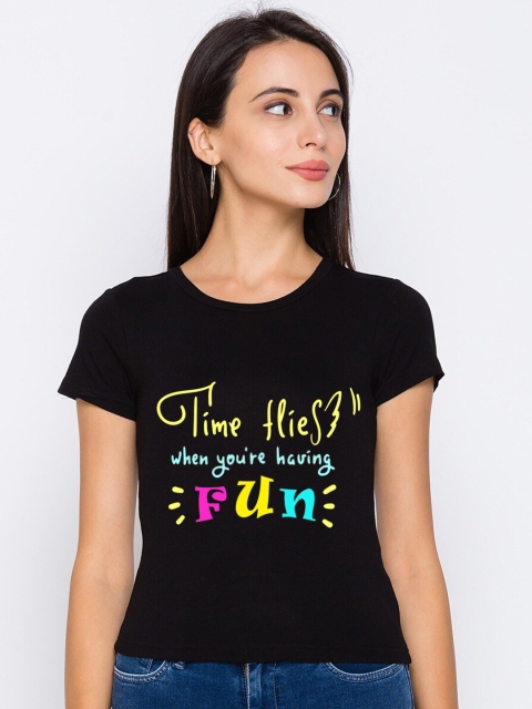 

Dipsha Women Black Typography Printed Bio Finish Applique T-shirt