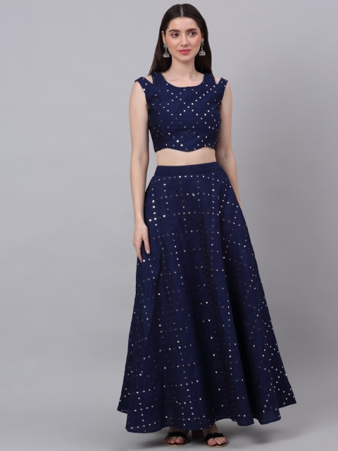 

NEUDIS Blue Mirror Work Flared Maxi Lehenga Skirt With Top