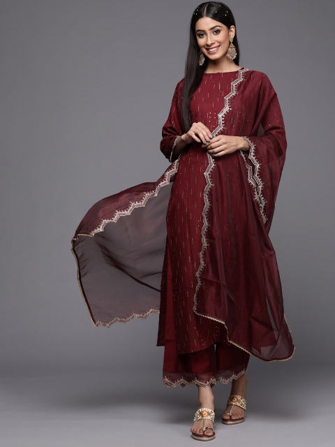 

Indo Era Women Maroon Sequinned Liva Kurta with Palazzos & With Dupatta
