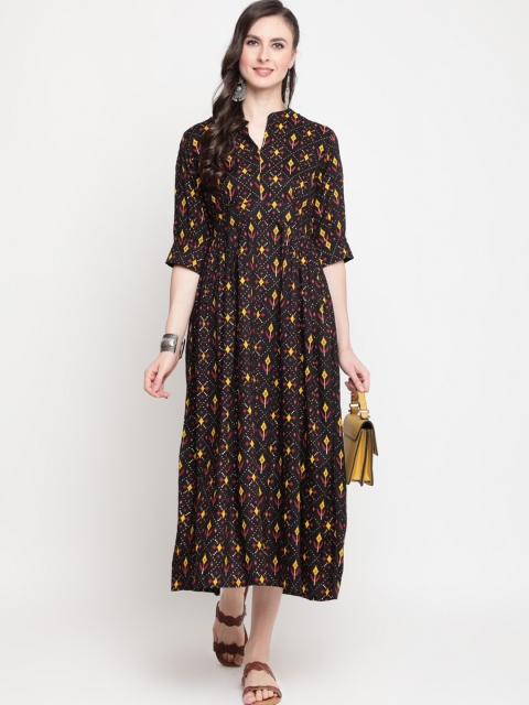 

GULMOHAR JAIPUR Women Black Ethnic Printed Midi Dress