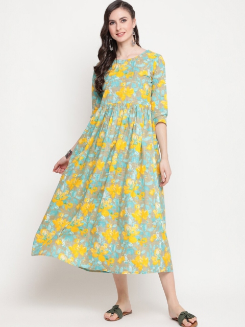 

GULMOHAR JAIPUR Olive Green & Yellow Floral Ethnic Cotton Fit & Flare Midi Dress