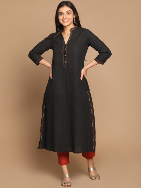 

Earthwear Women Black Woven Cotton Kurta with Kantha Hand Embroidery