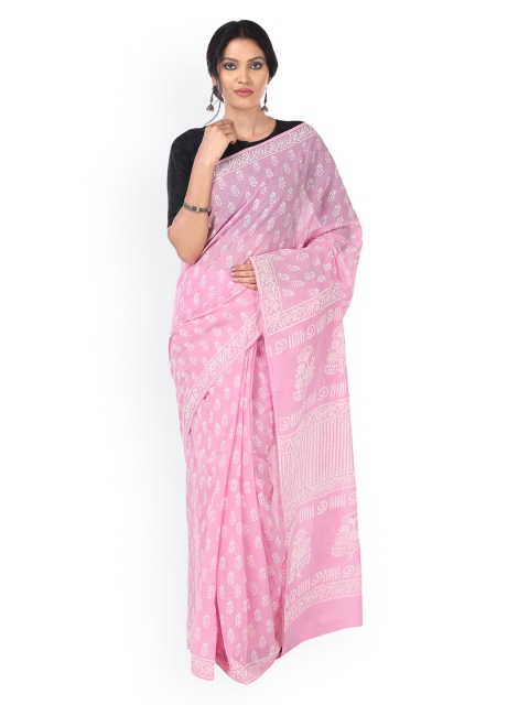 

Kalakari India Pink & White Coloured Dabu Hand Block Print Handcrafted Cotton Saree