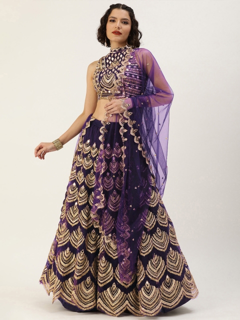 

panchhi Purple & Gold-Toned Embroidered Sequinned Unstitched Lehenga & Blouse With Dupatta