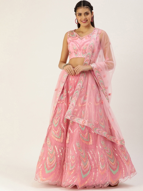 

panchhi Pink Embroidered Sequinned Unstitched Lehenga & Blouse With Dupatta