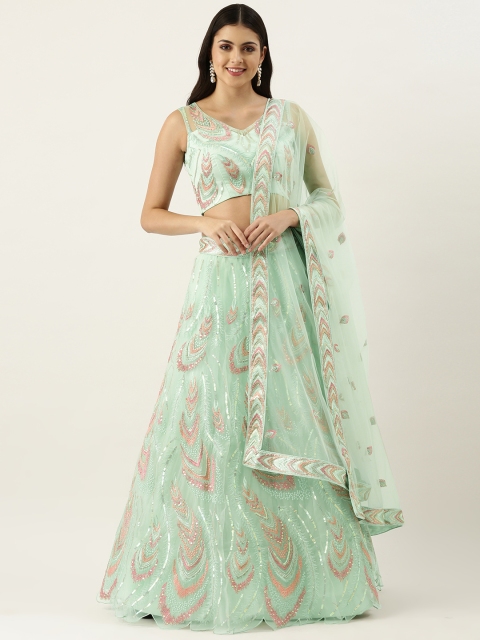 

panchhi Sea Green Net Embroidered Sequinned Semi-Stitched Lehenga & Blouse With Dupatta