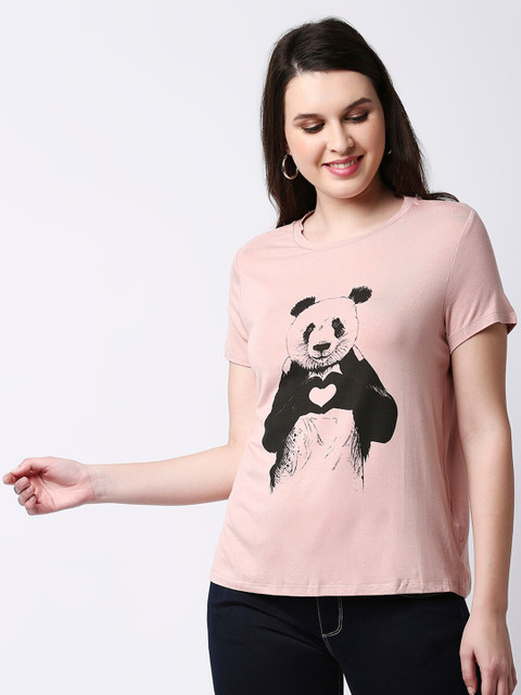

LYKKEIN Women Pink & Black Printed Applique T-shirt