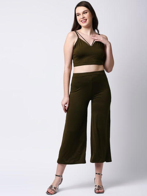 

LYKKEIN Women Olive Green Strappy Neck Cami Top & Trousers