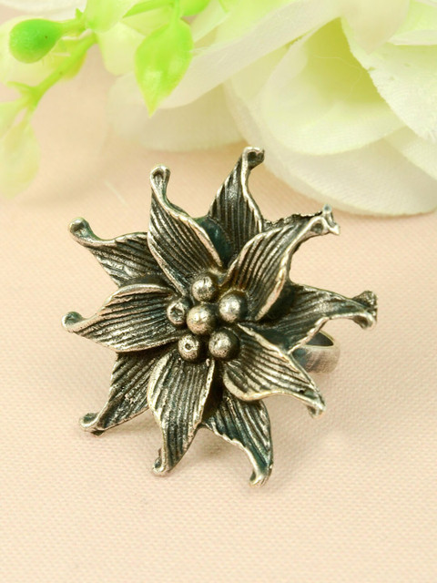 

Urmika Oxidized Silver-Toned Beaded Adjustable Finger Ring